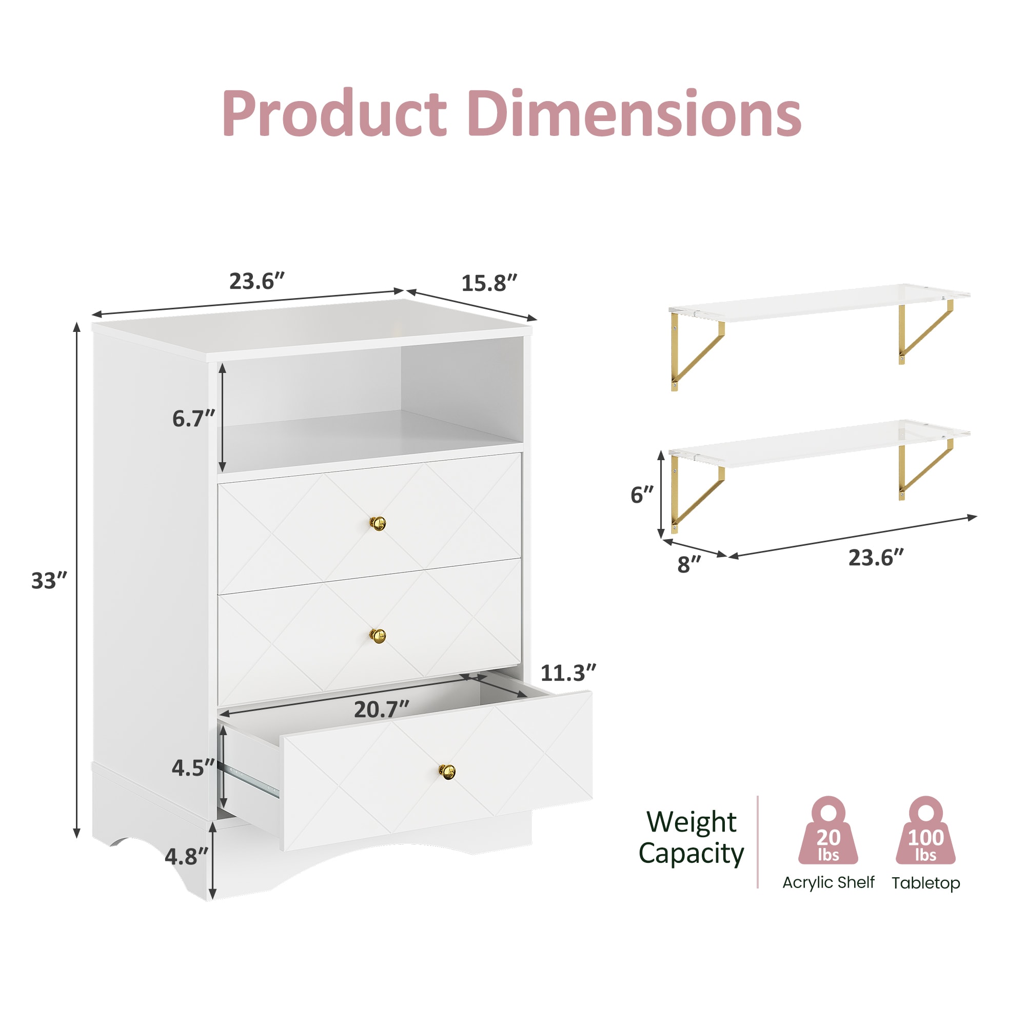 Dresser With Drawers & Floating Shelves, 3 Drawer Dresser With Open Storage & Painted Finish, Modern Storage Dresser For Toddler Room, Bedroom, Living Room, Closet, Hallway, White_maomaolike.com